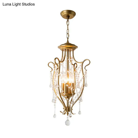 Swirled Iron Suspension Pendant With 4 Heads And Crystal Stands - Modern Brass Swag Lamp For Dining