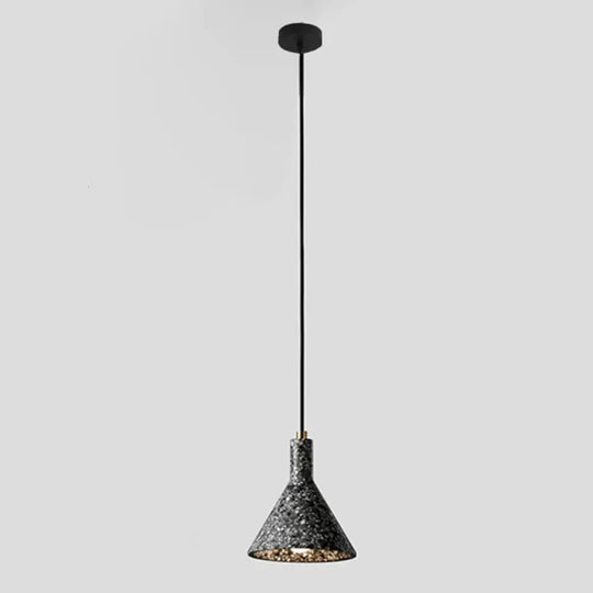 Sleek Terrazzo Funnel Pendant Light For Dining Room - Single-Bulb Suspension Fixture Black