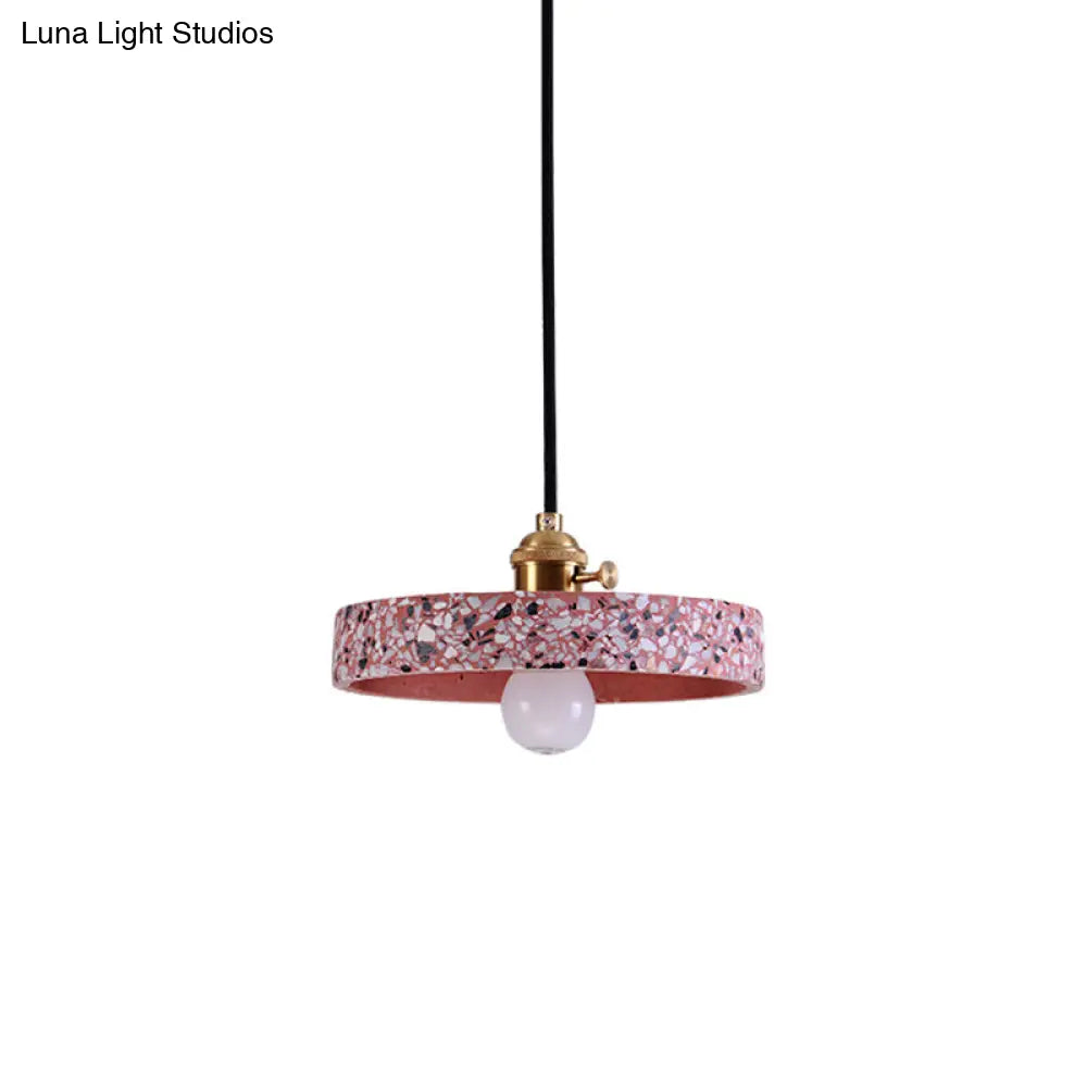 Terrazzo Single Simplicity Pendant Lamp: Round Bedside Hanging Light Fixture With Rotary Switch Pink