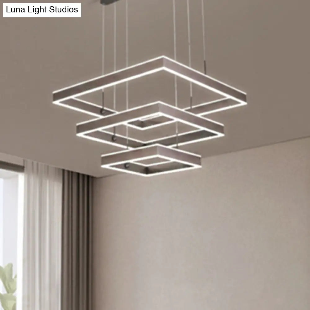 Simplicity Metallic Square Chandelier: Tiered Led Pendant Light For Coffee-Themed Living Room