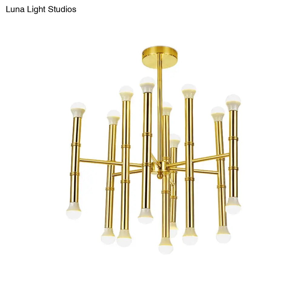 Sleek Gold Modern Tube Chandelier - Radial Pendant Light With 18 Bulbs For Living Room Ceiling