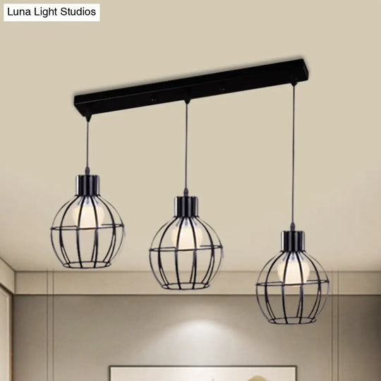 Vintage Black Cage-Style Suspended Ceiling Lamp By 3 Lights Global / Linear