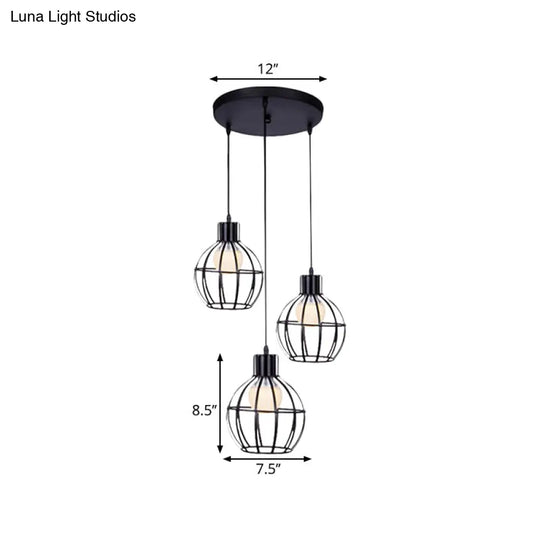 Vintage Black Cage-Style Suspended Ceiling Lamp By 3 Lights Global