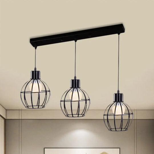 Sleek Vintage Black Metallic Ceiling Lamp - Global Suspended Light With Cage Shade / Linear