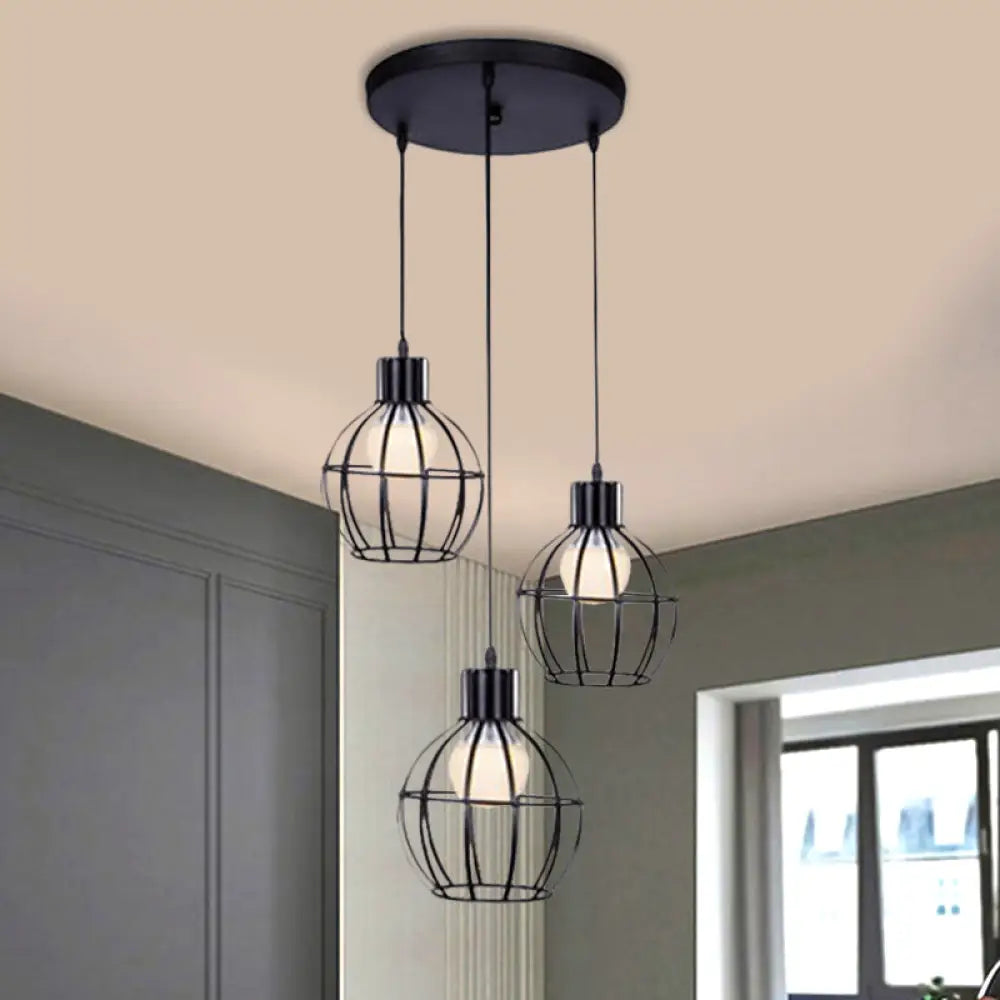 Sleek Vintage Black Metallic Ceiling Lamp - Global Suspended Light With Cage Shade / Round