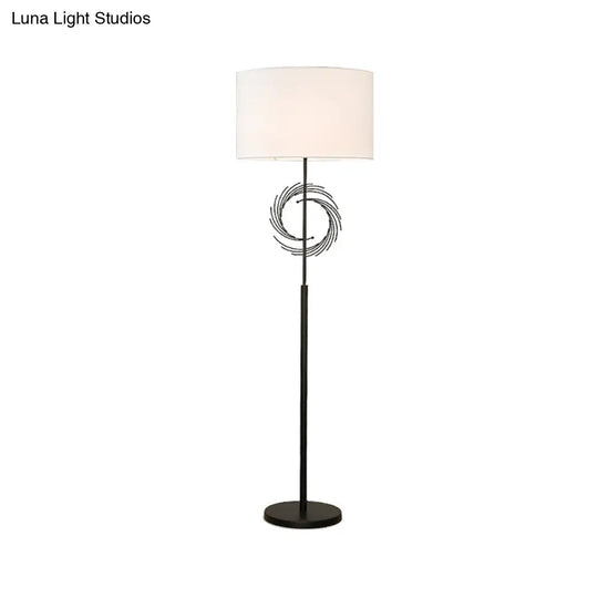 Sleek White/Black Circle Floor Light: Simplicity 1 Bulb Metal Standing Lamp With Fabric Drum Shade