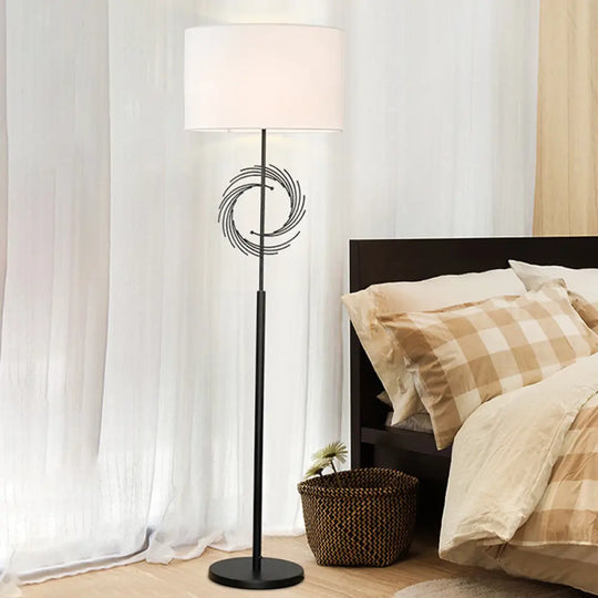 Sleek White/Black Circle Floor Light: Simplicity 1 Bulb Metal Standing Lamp With Fabric Drum Shade