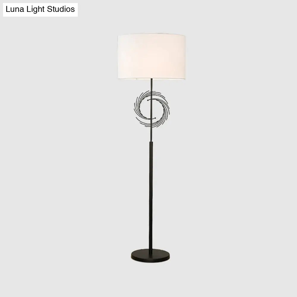 Sleek White/Black Circle Floor Light: Simplicity 1 Bulb Metal Standing Lamp With Fabric Drum Shade