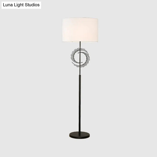 Sleek White/Black Circle Floor Light: Simplicity 1 Bulb Metal Standing Lamp With Fabric Drum Shade