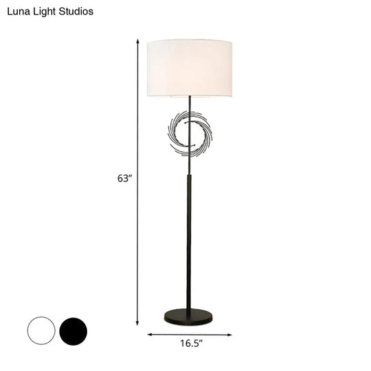 Sleek White/Black Circle Floor Light: Simplicity 1 Bulb Metal Standing Lamp With Fabric Drum Shade