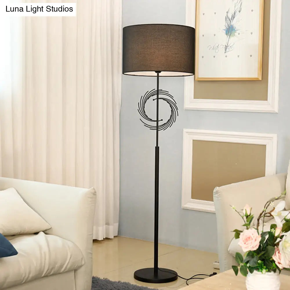 Sleek White/Black Circle Floor Light: Simplicity 1 Bulb Metal Standing Lamp With Fabric Drum Shade