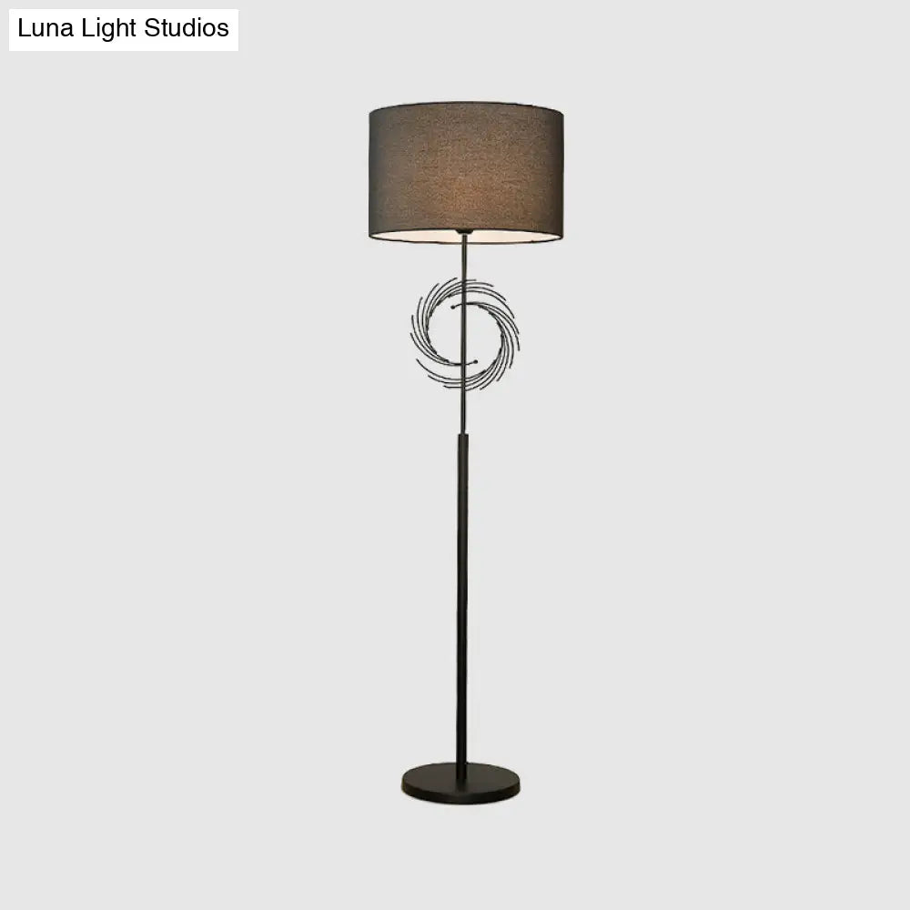 Sleek White/Black Circle Floor Light: Simplicity 1 Bulb Metal Standing Lamp With Fabric Drum Shade