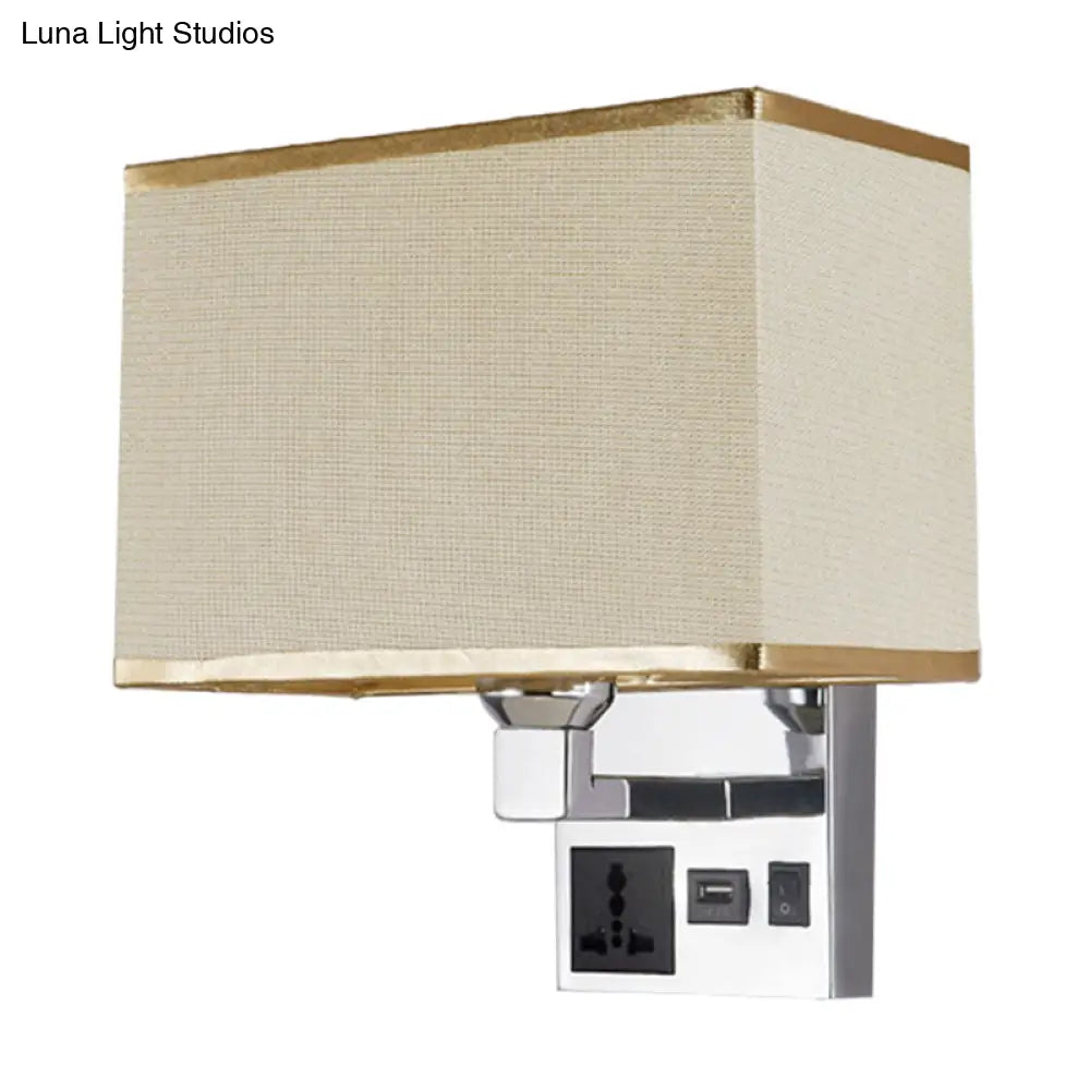 Sleek White/Flaxen Wall Lamp: Simplicity Single Fabric Sconce Light With Socket And Usb Port