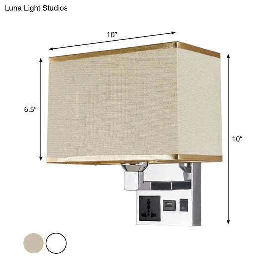 Sleek White/Flaxen Wall Lamp: Simplicity Single Fabric Sconce Light With Socket And Usb Port