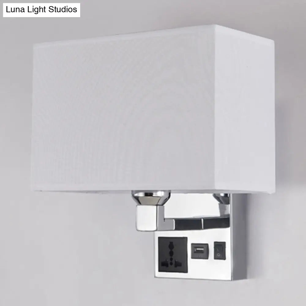 Sleek White/Flaxen Wall Lamp: Simplicity Single Fabric Sconce Light With Socket And Usb Port