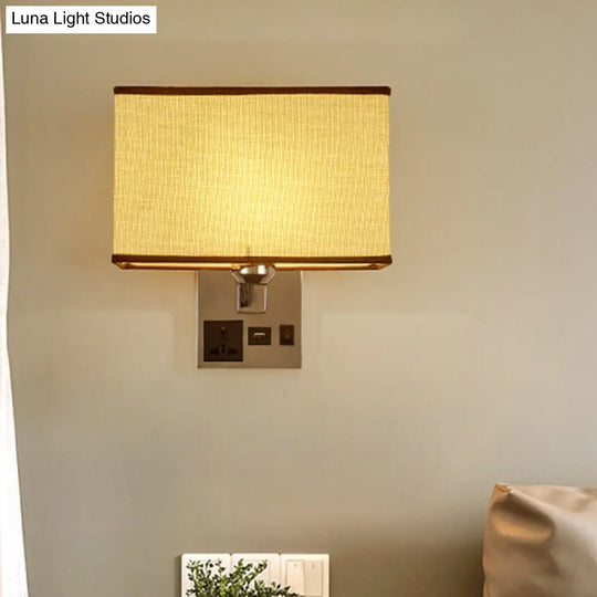 Sleek White/Flaxen Wall Lamp: Simplicity Single Fabric Sconce Light With Socket And Usb Port