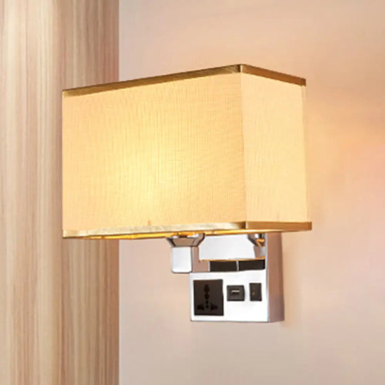 Sleek White/Flaxen Wall Lamp: Simplicity Single Fabric Sconce Light With Socket And Usb Port Flaxen