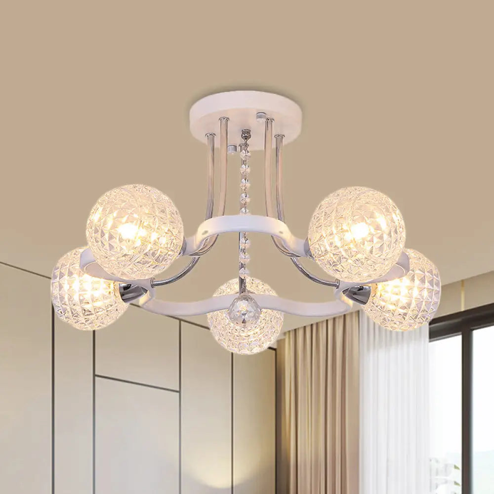 Sleek White Glass Ball Ceiling Light With Lattice Design - Semi Flush Mount 3/5 Lights Modern