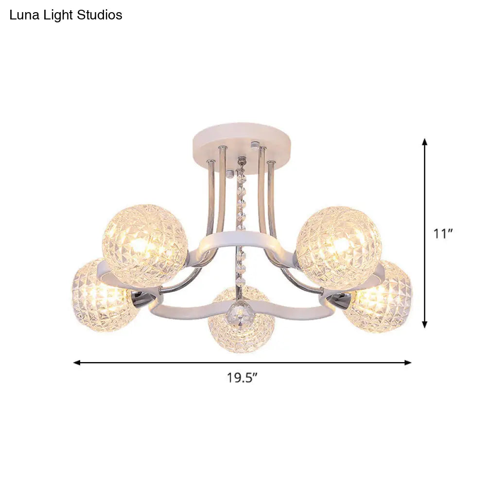 Sleek White Glass Ball Ceiling Light With Lattice Design - Semi Flush Mount 3/5 Lights Modern