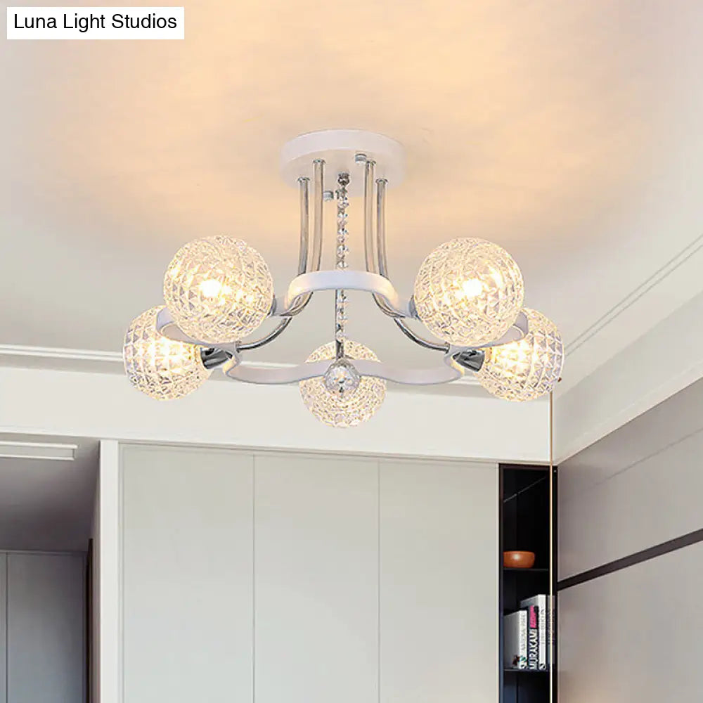 Sleek White Glass Ball Ceiling Light With Lattice Design - Semi Flush Mount 3/5 Lights Modern