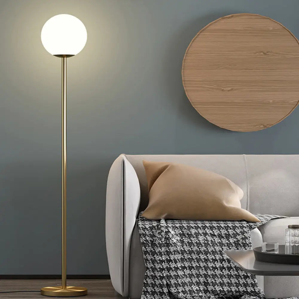 Sleek White Glass Ball Shade Floor Lamp - Minimalistic 1 Head Standing Light With Gold Upright Pole