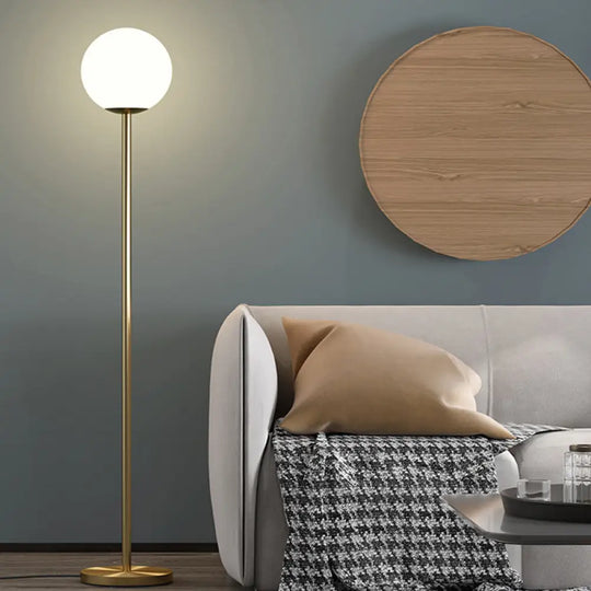 Sleek White Glass Ball Shade Floor Lamp - Minimalistic 1 Head Standing Light With Gold Upright Pole