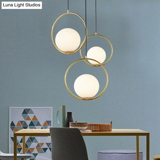 White Glass Hanging Lamp With Brass Metal Ring - Post-Modern Pendant Light