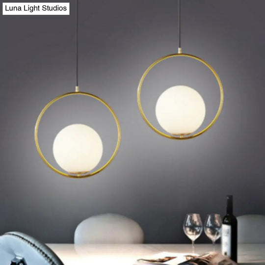 White Glass Hanging Lamp With Brass Metal Ring - Post-Modern Pendant Light