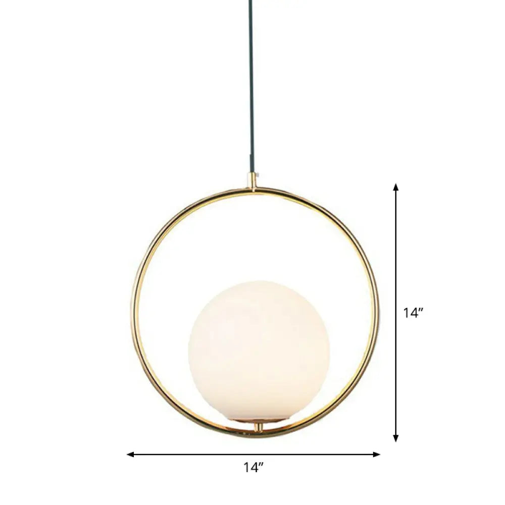 Sleek White Glass Hanging Pendant Light With Brass Metal Ring – Post-Modern Design / 14’