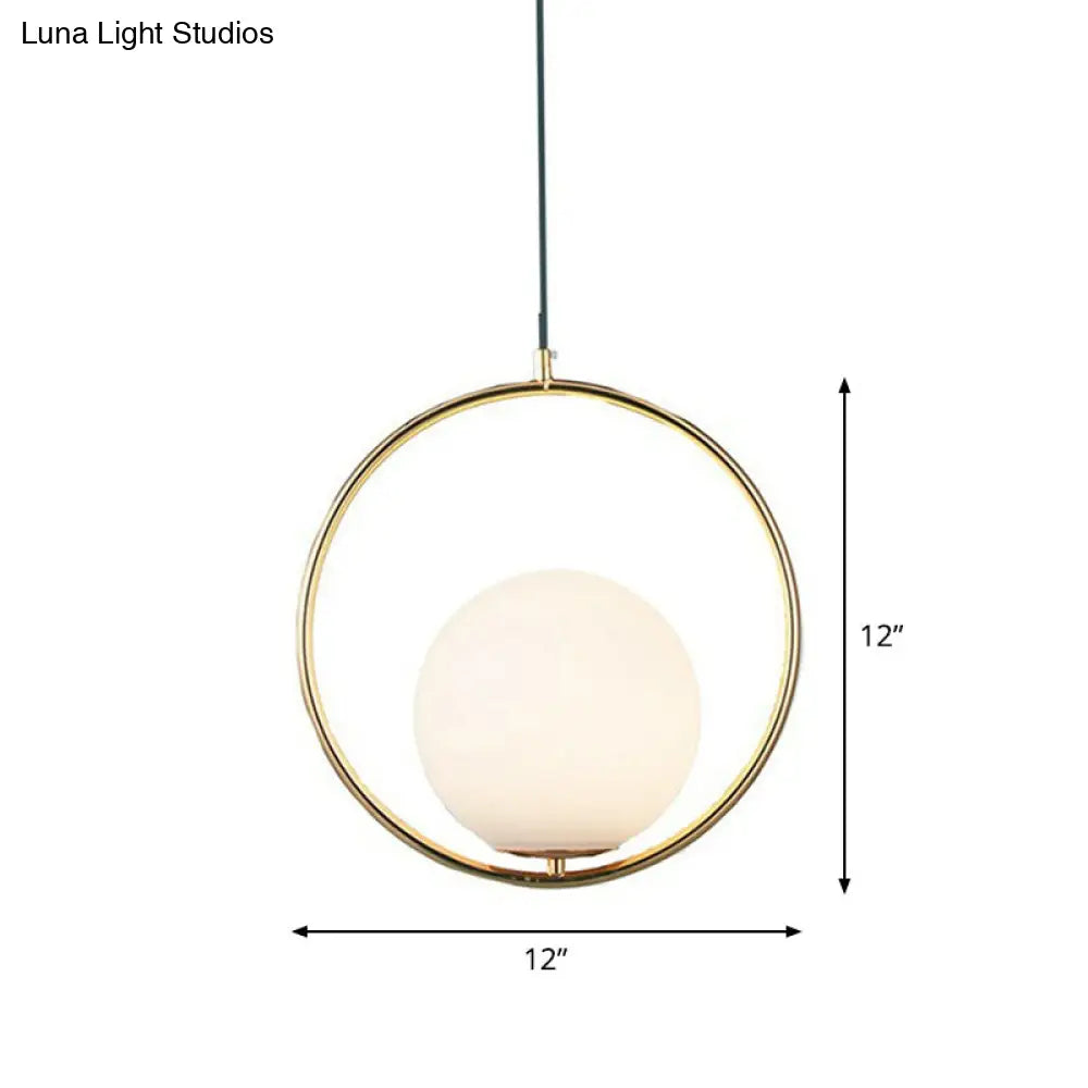 White Glass Hanging Lamp With Brass Metal Ring - Post-Modern Pendant Light / 12