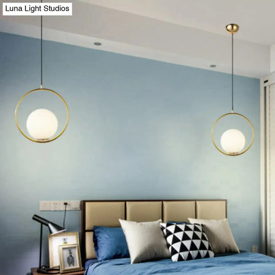 White Glass Hanging Lamp With Brass Metal Ring - Post-Modern Pendant Light