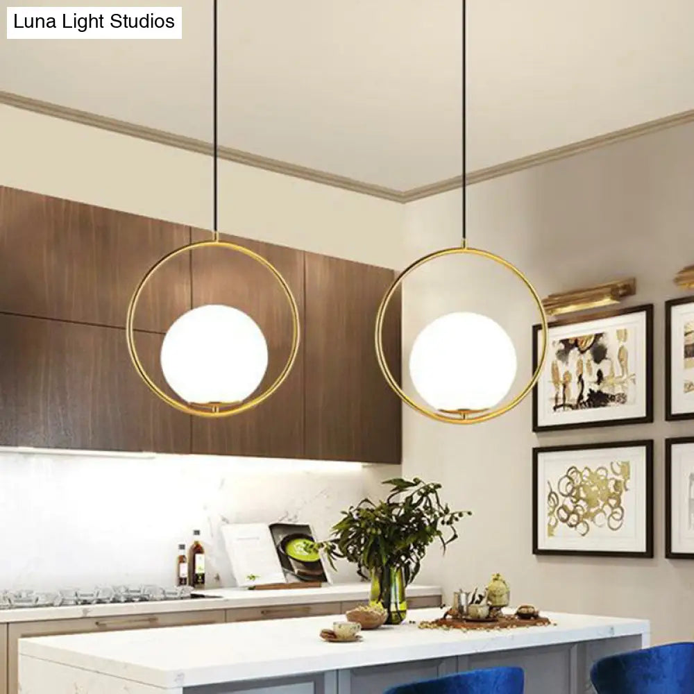 White Glass Hanging Lamp With Brass Metal Ring - Post-Modern Pendant Light