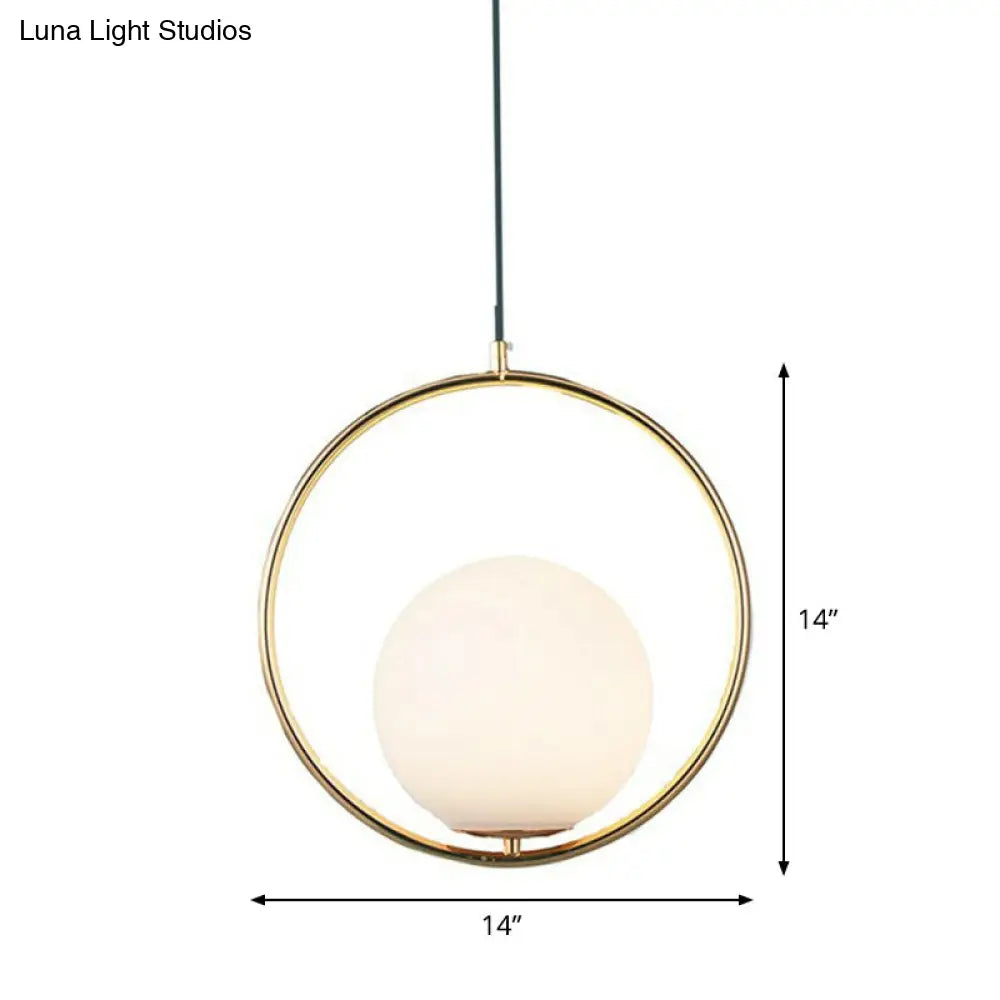 White Glass Hanging Lamp With Brass Metal Ring - Post-Modern Pendant Light / 14