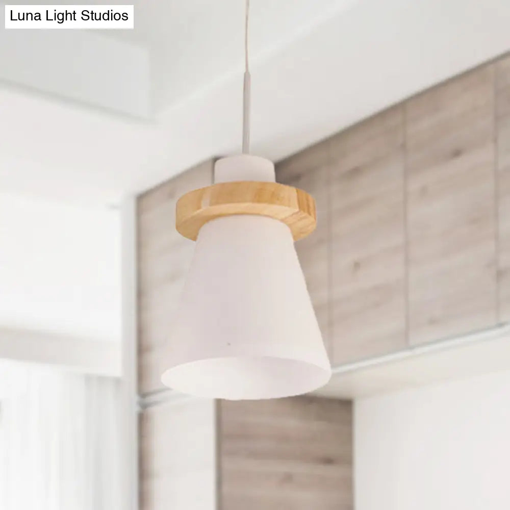 Sleek White Glass Pendant Light With Wood Ring Decoration - Minimalist Design 1