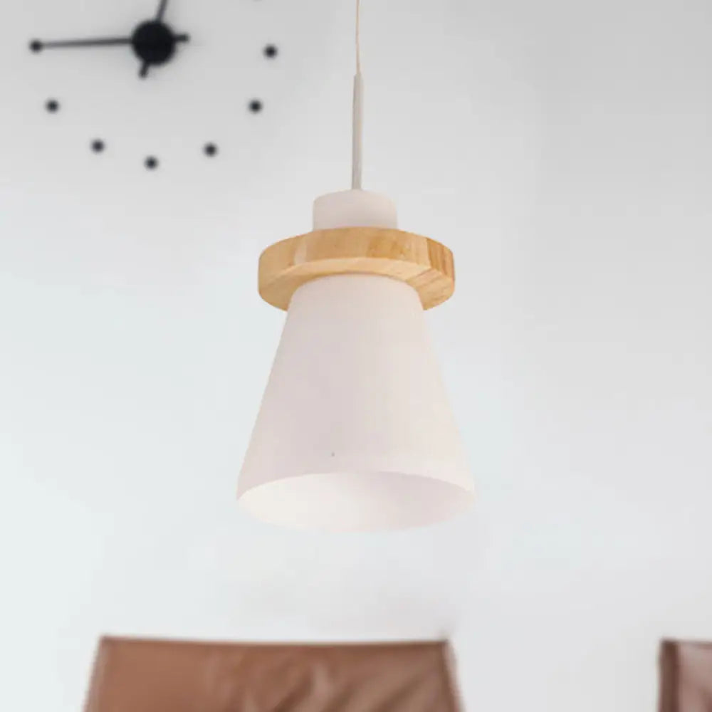 Sleek White Glass Pendant Light With Wood Ring Decoration - Minimalist Design 1