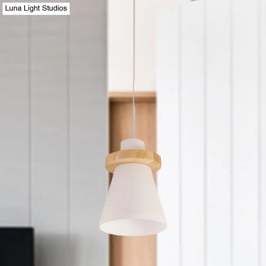 Sleek White Glass Pendant Light With Wood Ring Decoration - Minimalist Design 1