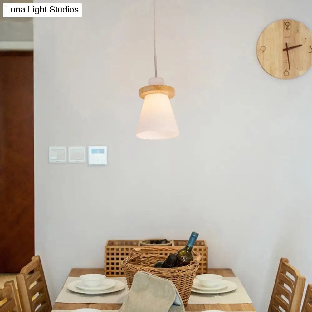 Sleek White Glass Pendant Light With Wood Ring Decoration - Minimalist Design 1