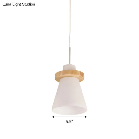 Sleek White Glass Pendant Light With Wood Ring Decoration - Minimalist Design 1