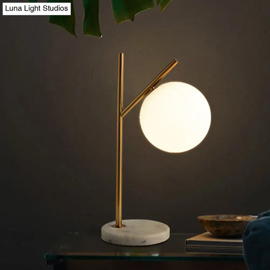 Sleek White Glass Sphere Night Light: Minimalist Brass Finish Lamp With 1 Bulb For Nightstands