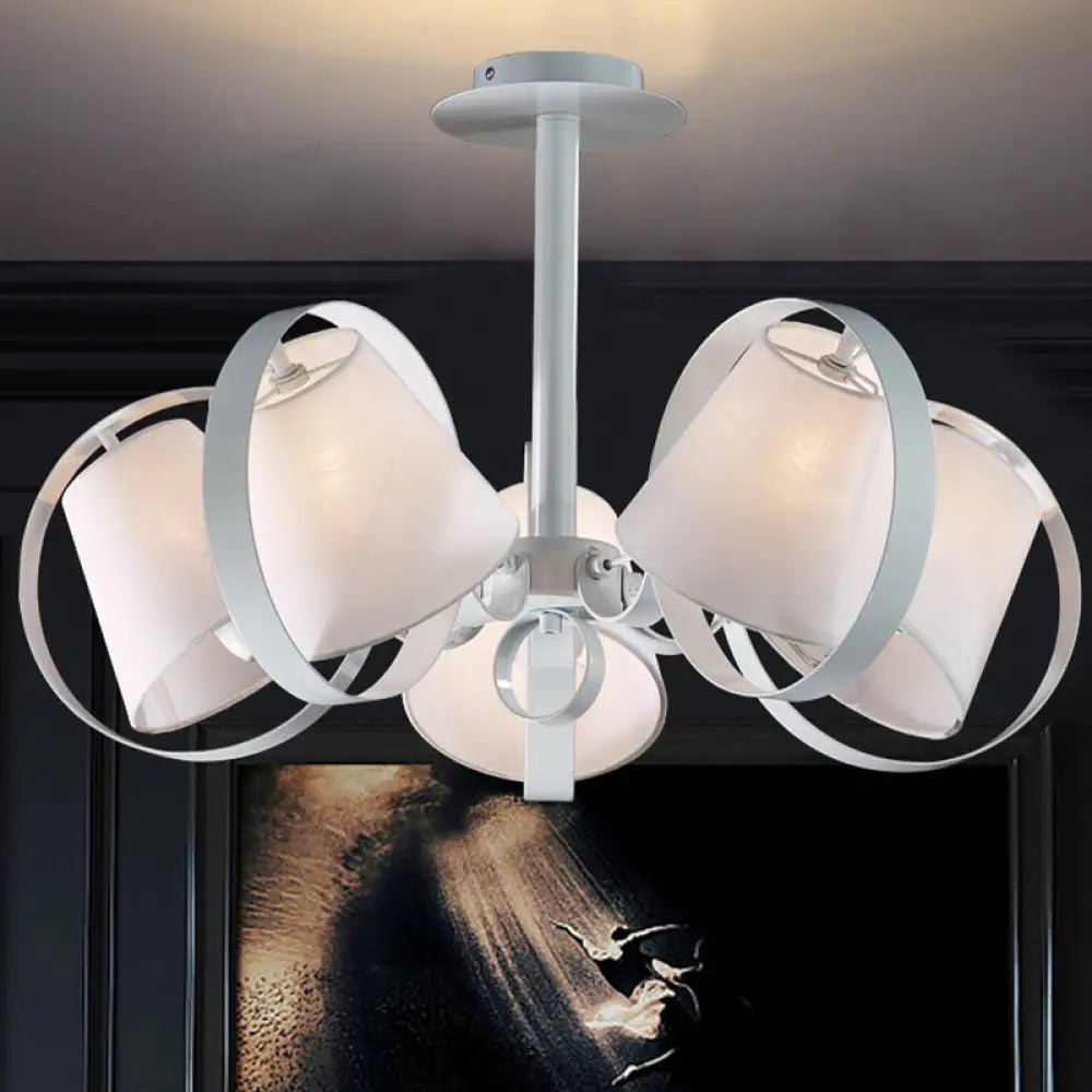 Sleek White Kitchen Flush Mount With 5 Fabric - Head Semi Light And Metal Cage