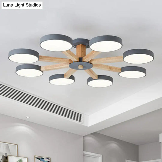 Sleek Wooden Living Room Ceiling Light: 8-Head Macaron Semi Flush Mount With Acrylic Shade Grey