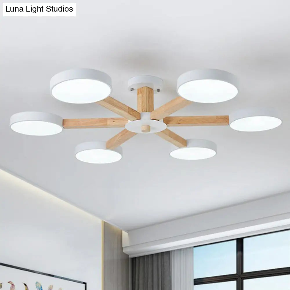 Sleek Wooden Living Room Ceiling Light: 8-Head Macaron Semi Flush Mount With Acrylic Shade White