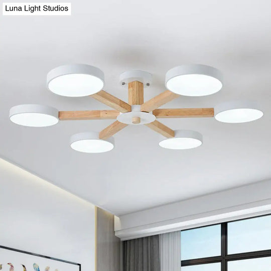 Sleek Wooden Living Room Ceiling Light: 8-Head Macaron Semi Flush Mount With Acrylic Shade White