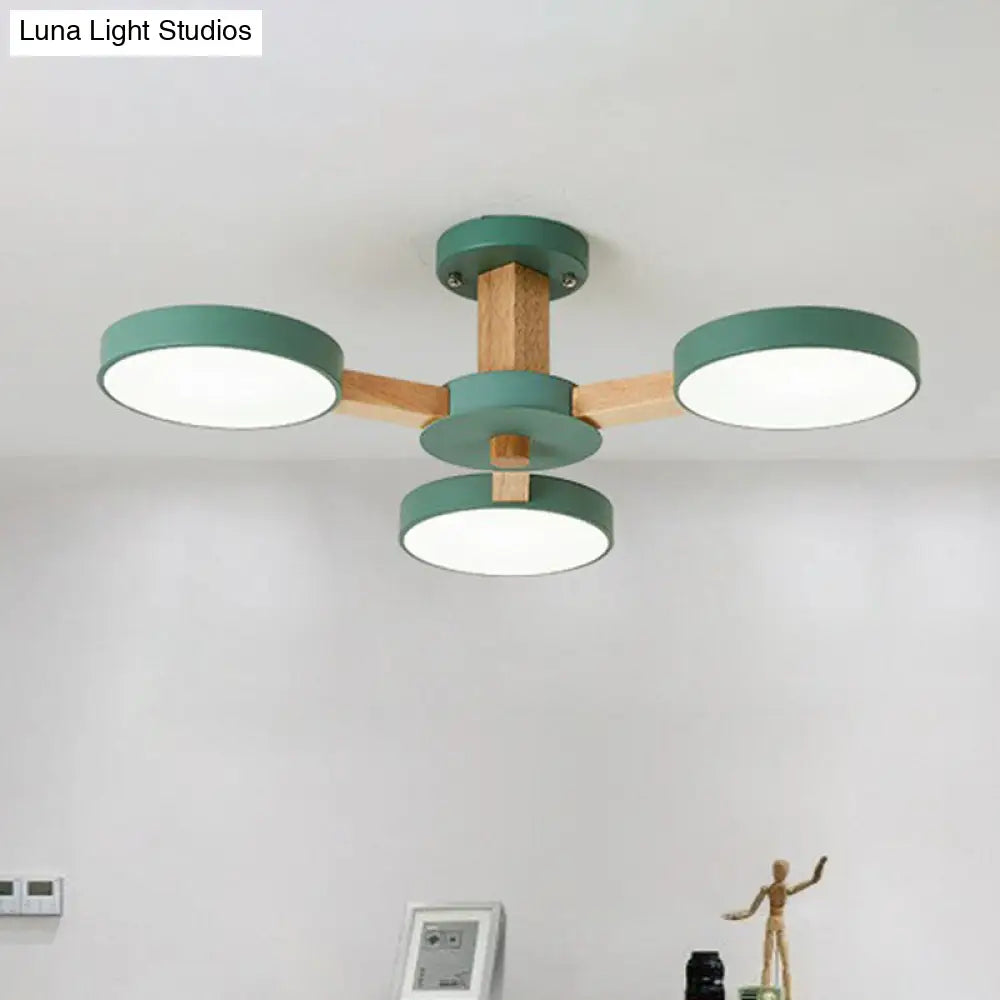 Sleek Wooden Living Room Ceiling Light: 8-Head Macaron Semi Flush Mount With Acrylic Shade Green