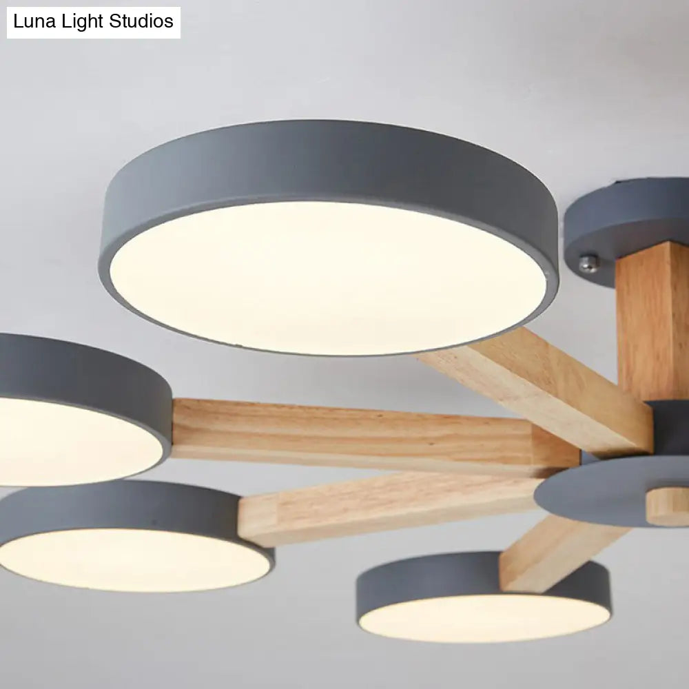 Sleek Wooden Living Room Ceiling Light: 8-Head Macaron Semi Flush Mount With Acrylic Shade