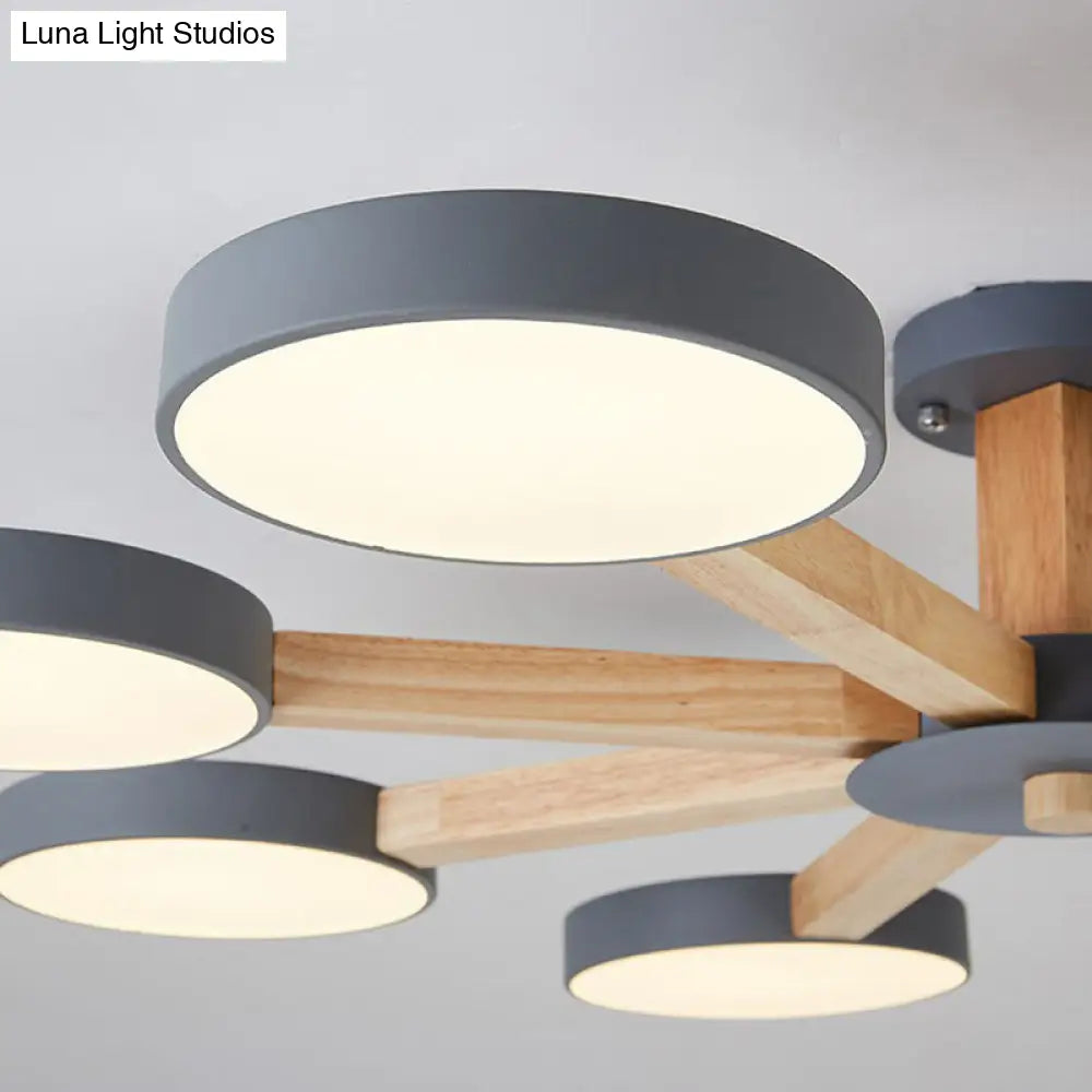 Sleek Wooden Living Room Ceiling Light: 8 - Head Macaron Semi Flush Mount With Acrylic Shade