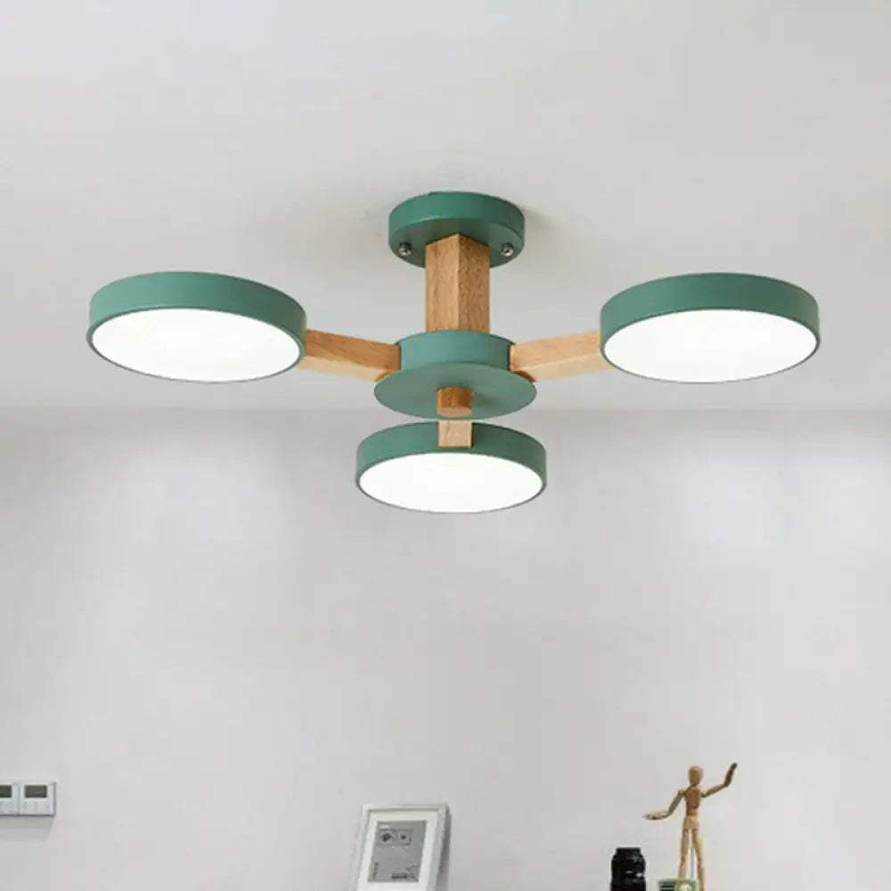 Sleek Wooden Living Room Ceiling Light: 8 - Head Macaron Semi Flush Mount With Acrylic Shade Green