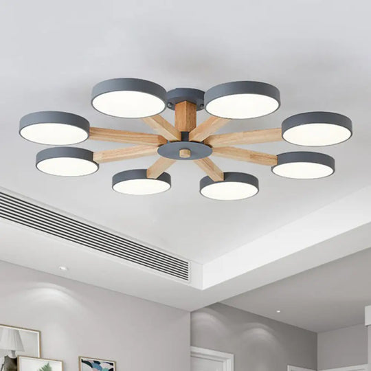 Sleek Wooden Living Room Ceiling Light: 8 - Head Macaron Semi Flush Mount With Acrylic Shade Grey