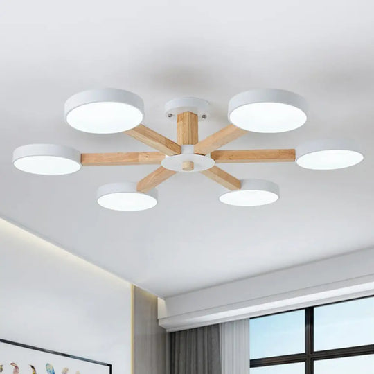 Sleek Wooden Living Room Ceiling Light: 8 - Head Macaron Semi Flush Mount With Acrylic Shade White