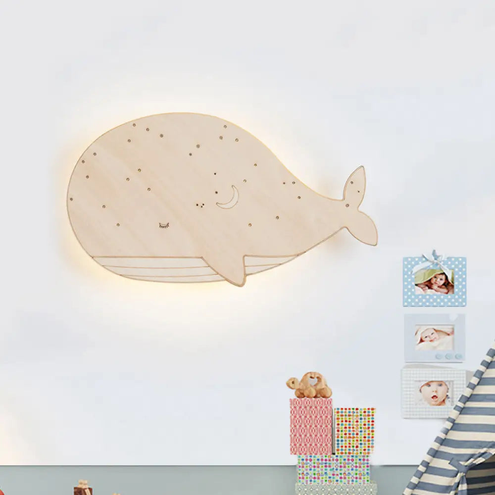 Sleeping Whale Led Flush Mount Light Fixture For Kindergarten Beige Wood Cartoon Design (Left/Right)